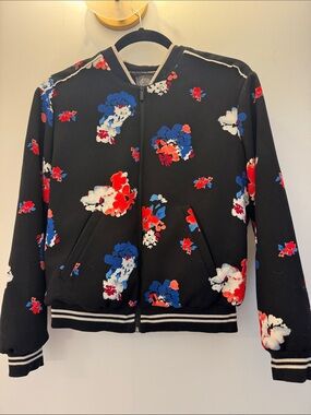 Vince Camuto Black Floral Bomber Jacket with Red & Blue Accents